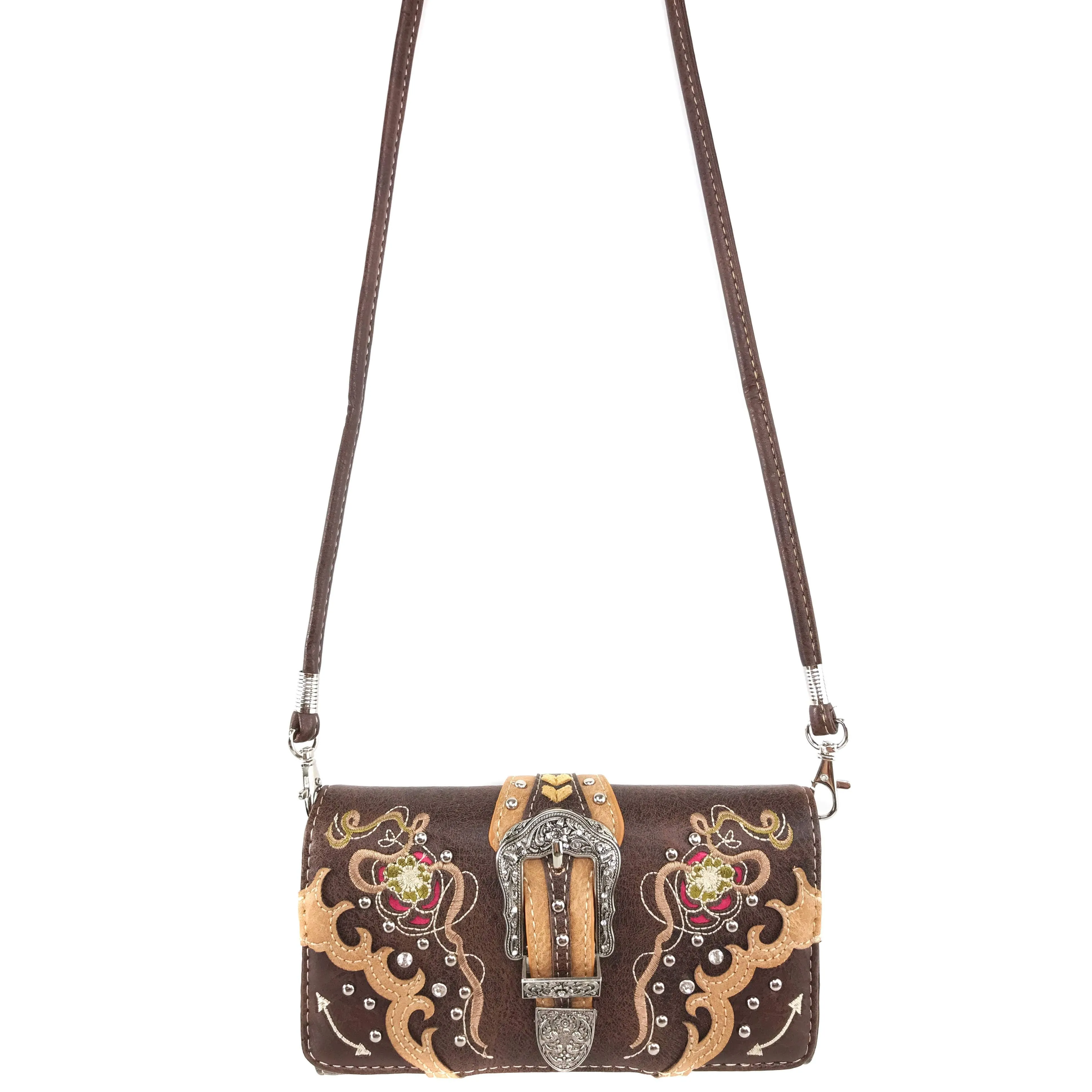 Western Peak Brown Gold Pink Silver Belt Buckle Floral Concealed Carry Trifold Wallet