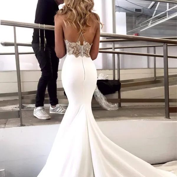white lace evening dresses long mermaid spaghetti strap modest sexy formal evening gown