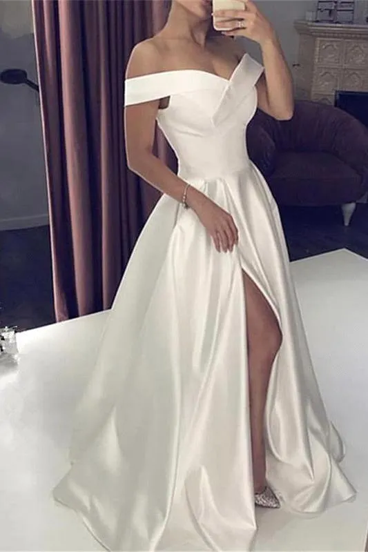 White Silky Off the shoulder High split Princess Wedding Dress