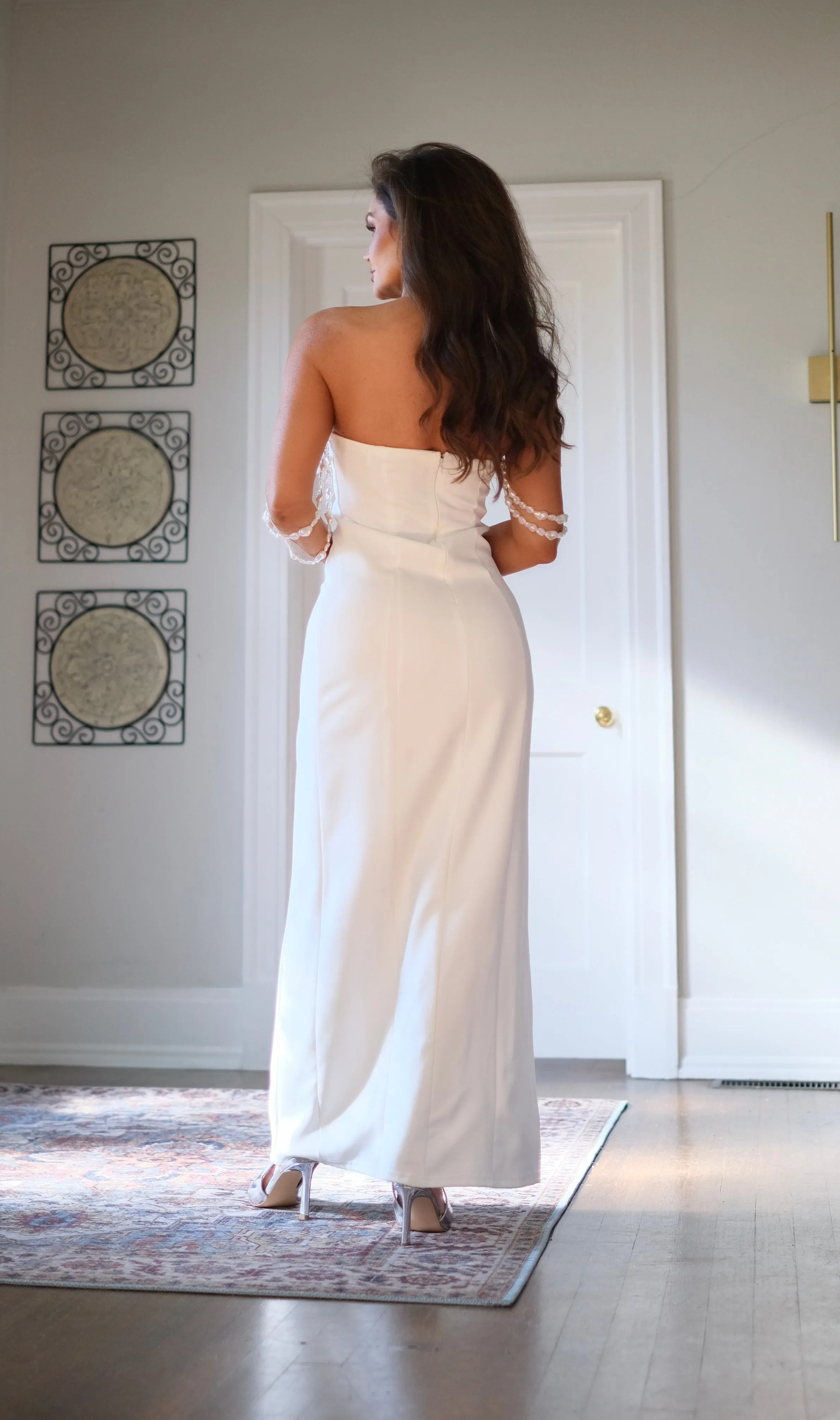 Whitley White Midi Dress with Side Slit and Pearl Sleeve Details
