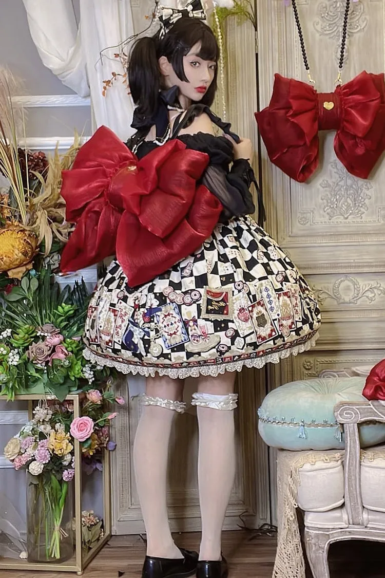 Wine Big Bowknot Metal Heart Nameplate Lolita Backpack