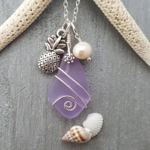 Wire wrapped  "Magical Color Changing" Purple sea glass necklace, "Feb Birthstone", Pineapple charm, natural pearl