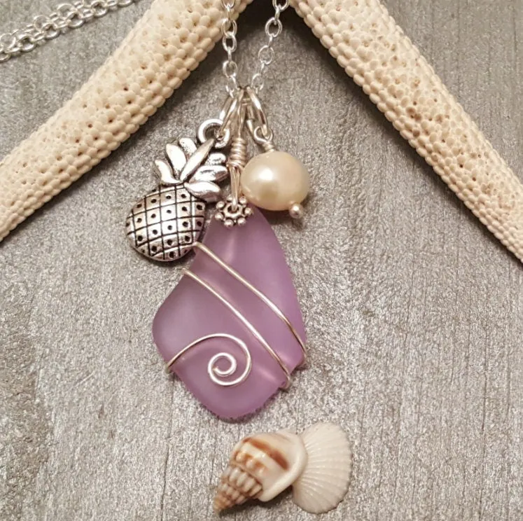 Wire wrapped  "Magical Color Changing" Purple sea glass necklace, "Feb Birthstone", Pineapple charm, natural pearl