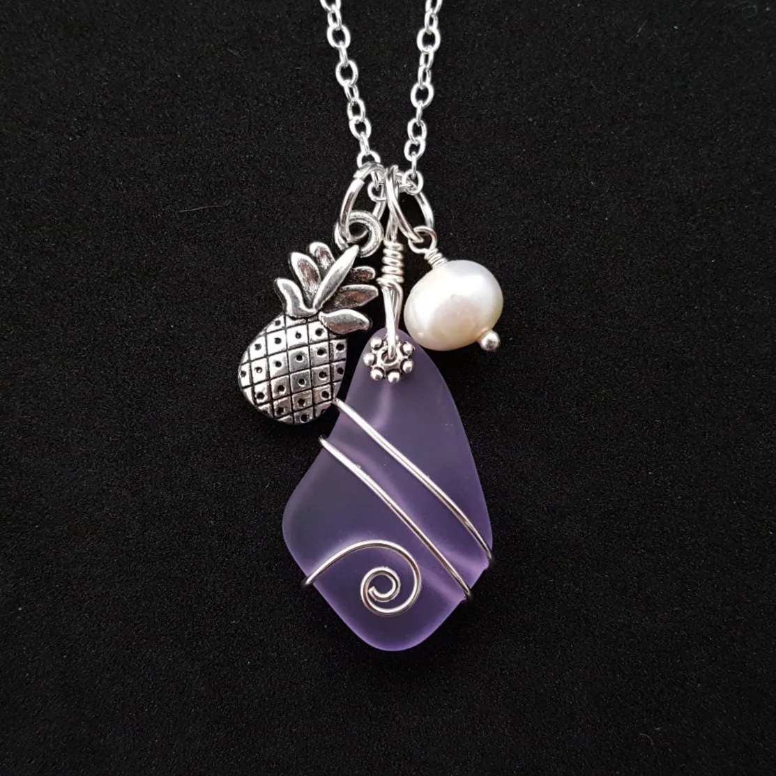 Wire wrapped  "Magical Color Changing" Purple sea glass necklace, "Feb Birthstone", Pineapple charm, natural pearl