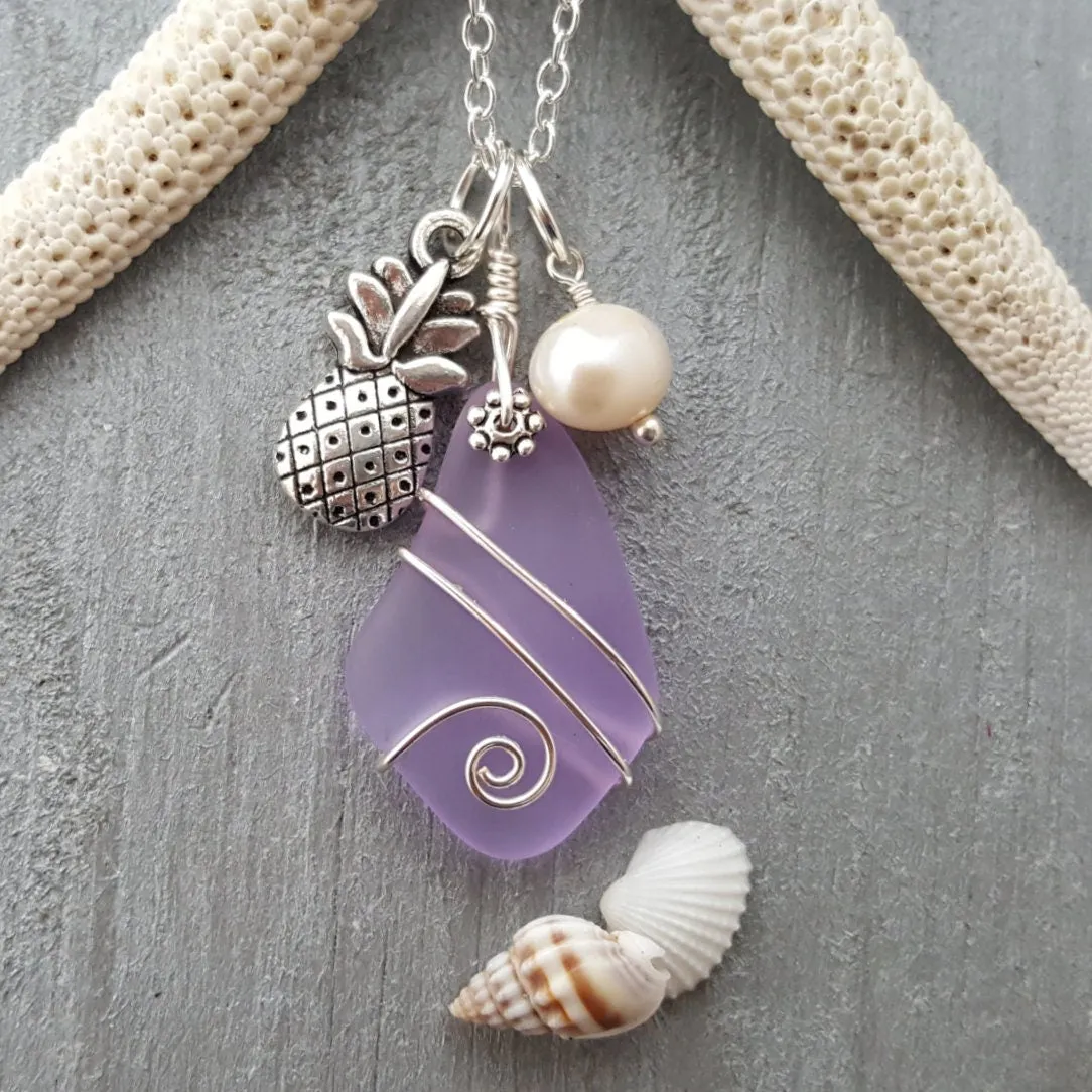 Wire wrapped  "Magical Color Changing" Purple sea glass necklace, "Feb Birthstone", Pineapple charm, natural pearl