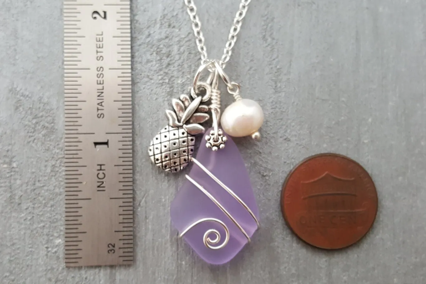 Wire wrapped  "Magical Color Changing" Purple sea glass necklace, "Feb Birthstone", Pineapple charm, natural pearl
