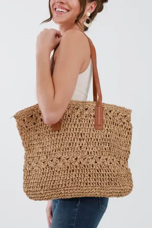 Woven Straw Tote Bag - Brown