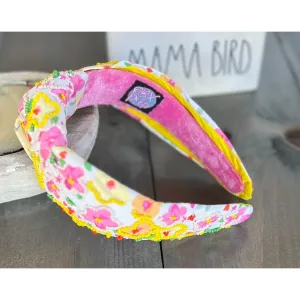 Yellow and Pink Poppies Seed Beaded Top Knot Headband S