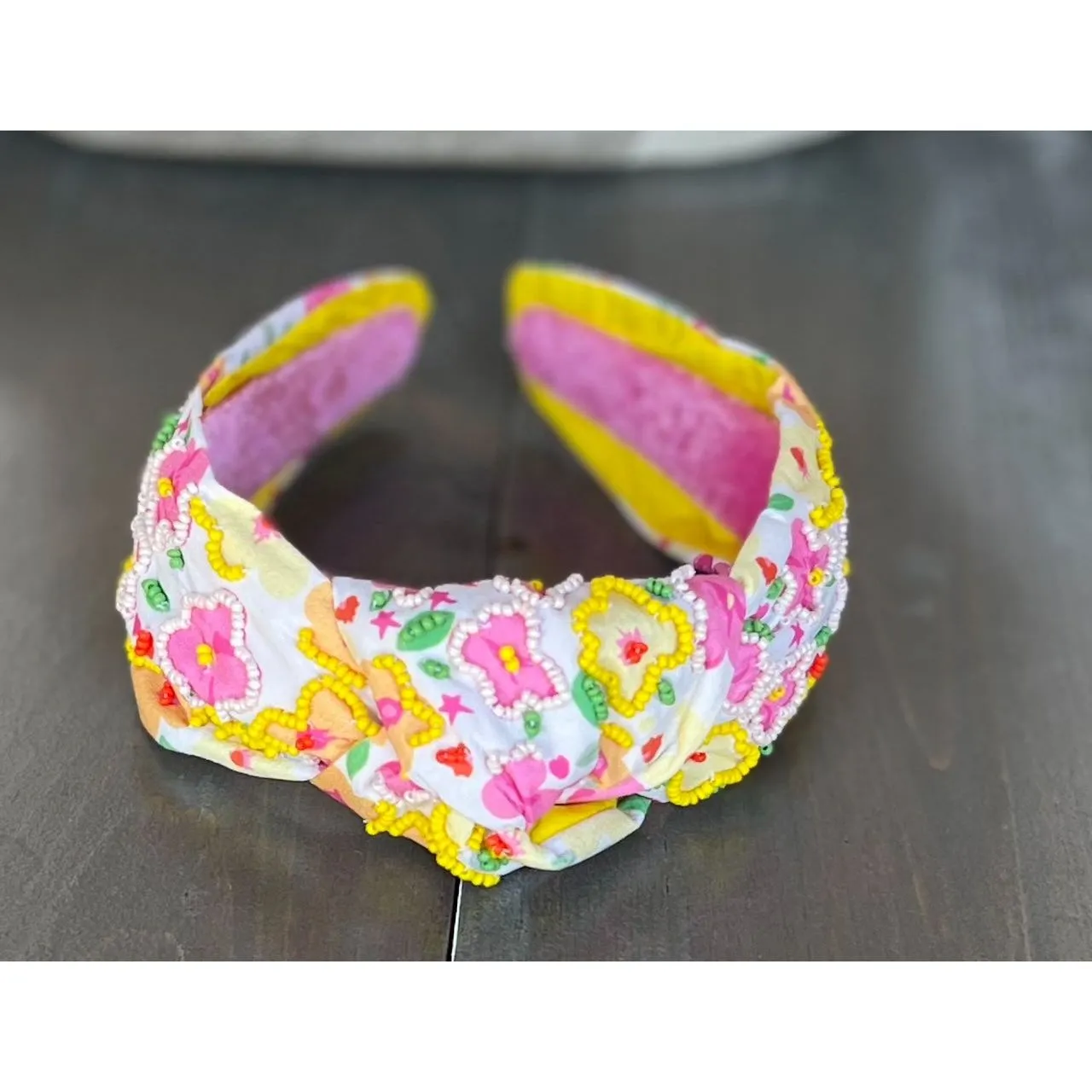 Yellow and Pink Poppies Seed Beaded Top Knot Headband S