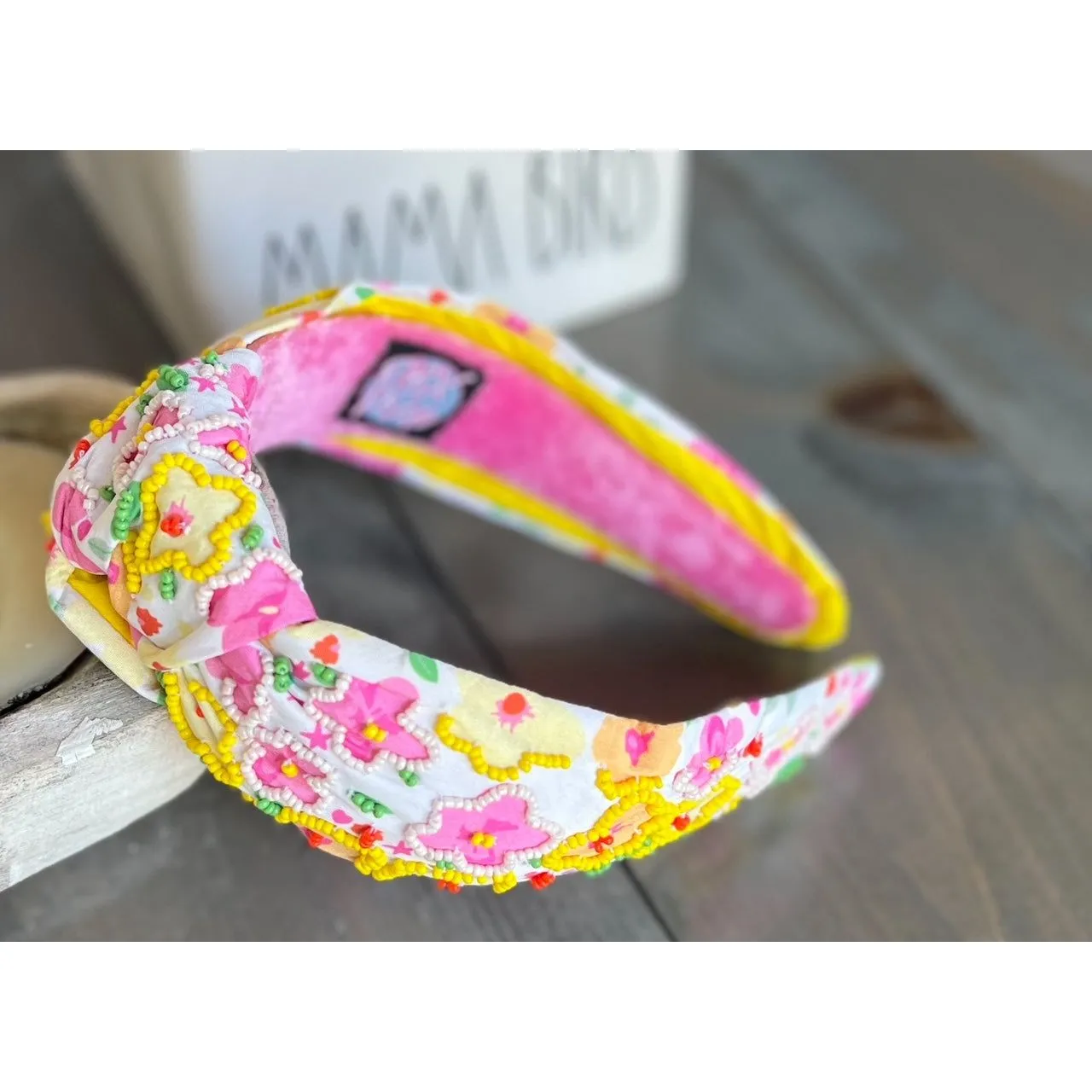 Yellow and Pink Poppies Seed Beaded Top Knot Headband S