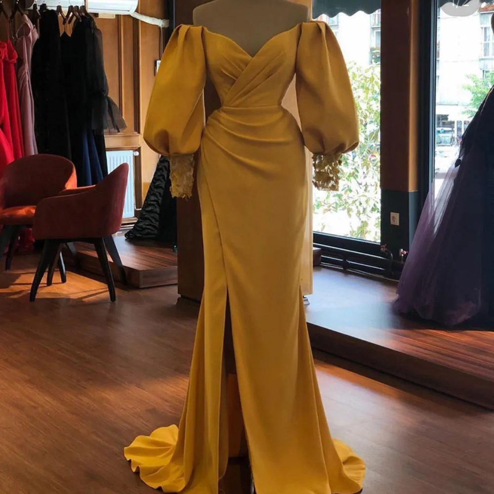 yellow evening dresses long lace applique mermaid modest elegant simple cheap evening gown