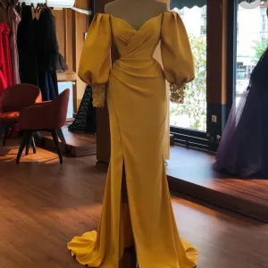 yellow evening dresses long lace applique mermaid modest elegant simple cheap evening gown