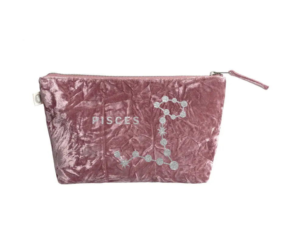 Zodiac Pink Crushed Velvet Large Makeup Bag -  Pisces